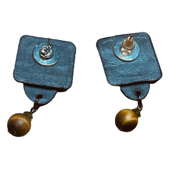 Vintage Handcrafted Earrings Tan Brown Abstract Wood Bead Dangle Pierced Tribal - Picture 2 of 2